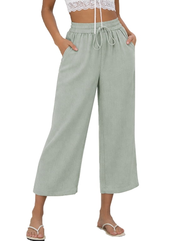 Capri Pants for Women Summer Wide Leg Linen Pants Comfy Waisted Drawstring Pants with Pockets Lounge Pants M