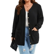 TEMOFON Cardigan Sweaters for Women Plus Size Black Womens Cardigan Long Sleeve Buttons Down with Pocket Ribbed Lightweight Knit Outerwear Fall Coat Winter Clothes 3XL