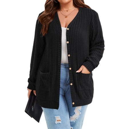 TEMOFON Cardigan Sweaters for Women Plus Size Black Womens Cardigan Long Sleeve Buttons Down with Pocket Ribbed Lightweight Knit Outerwear Fall Coat Winter Clothes XL