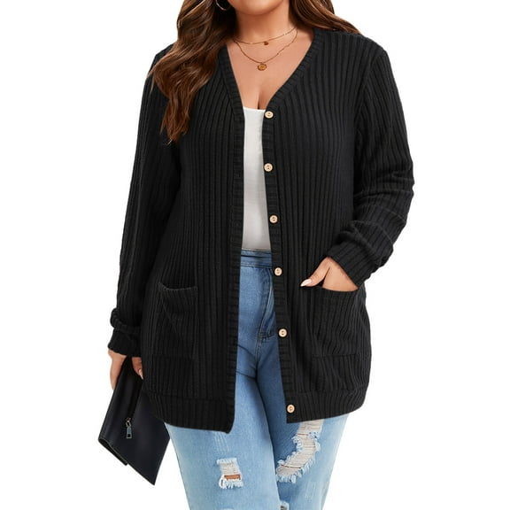 TEMOFON Cardigan Sweaters for Women Plus Size Black Womens Cardigan Long Sleeve Buttons Down with Pocket Ribbed Lightweight Knit Outerwear Fall Coat Winter Clothes 3XL