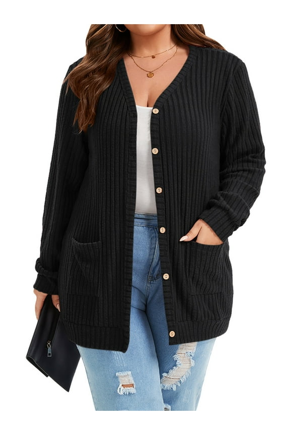 Cardigan Sweaters for Women Plus Size Black Womens Cardigan Long Sleeve Buttons Down with Pocket Ribbed Lightweight Knit Outerwear Fall Coat Winter Clothes 2XL