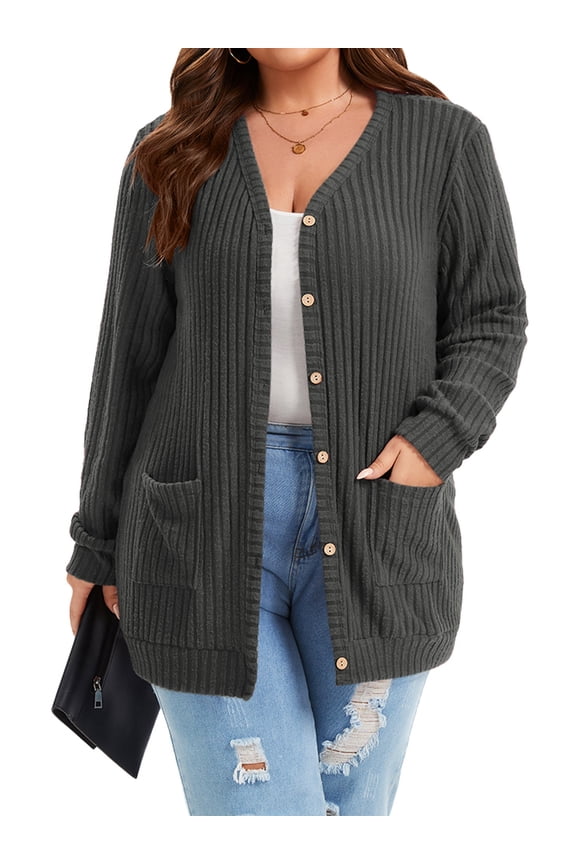 Cardigan Sweaters for Women Plus Size Oversized Cardigan Long Sleeve Buttons Down with Pocket Lightweight Open Front Outerwear Fall Coat Grey 4XL
