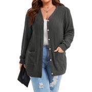 TEMOFON Cardigan Sweaters for Women Plus Size Oversized Cardigan Long Sleeve Buttons Down with Pocket Lightweight Open Front Outerwear Fall Coat Grey XL