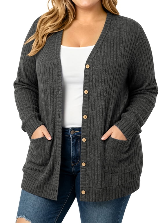 Cardigan Sweaters for Women Plus Size Clothes Long Sleeve Buttons Down with Pocket Lightweight Open Front Outerwear Fall Grey XL