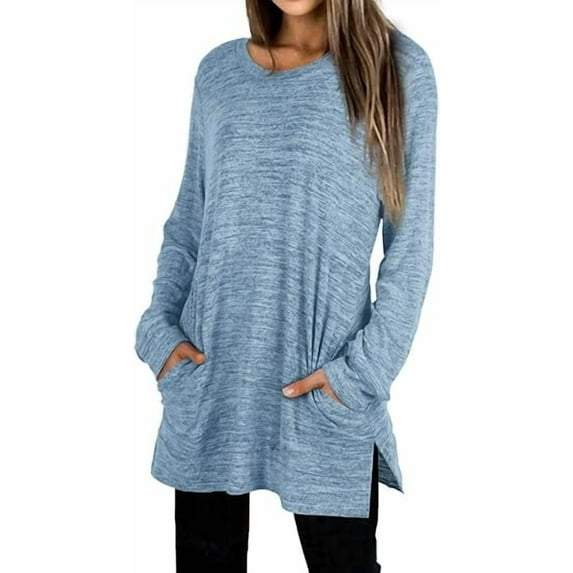 TEMOFON Casual Long Sleeve for Womens Tunic Top with Pockets Loose Fit Soft Knit Pullover Sweater Blue Color