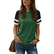 TEMOFON Casual T Shirts for Women Short Sleeve Shirt Tops Summer Crew Neck Blouse Color Block Tunic Tops Green Tee