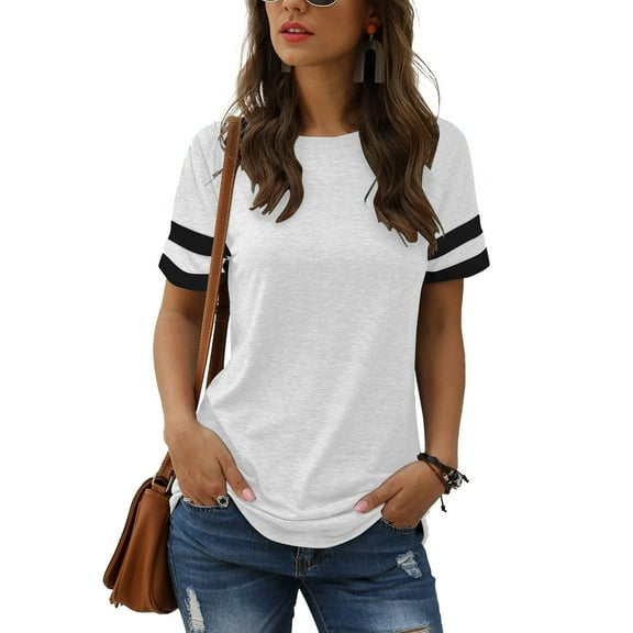 TEMOFON Color Block T Shirt for Womens Short Sleeve Top Casual Tunic Tops Crew Neck Striped Shirts White Tee 2025