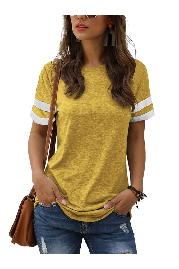 Color Block T Shirt for Womens Short Sleeve Top Casual Tunic Tops Crew Neck Striped Shirts Yellow Tee 2025