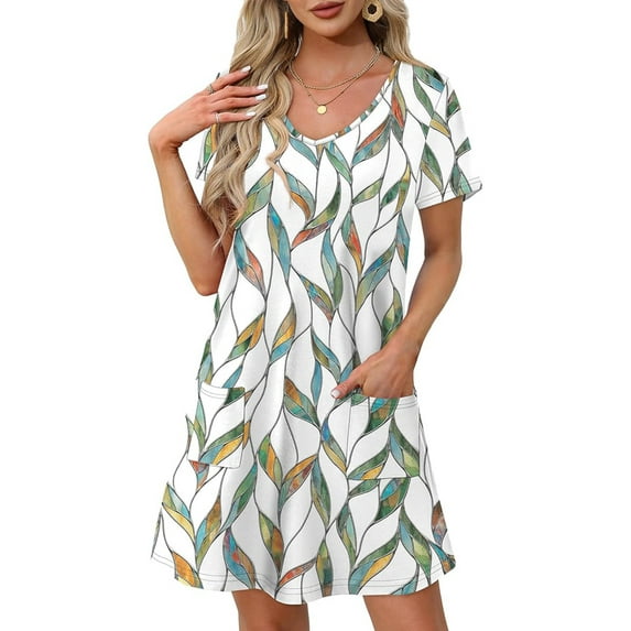 TEMOFON Dresses for Women Summer Vacation Dresses Whiteleaf Bohemian Floral Dress Scoop Neck T Shirt Dress with Pockets XXL