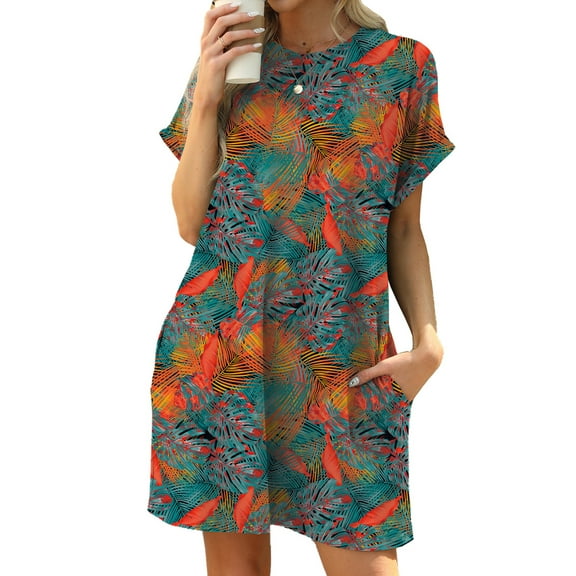 TEMOFON Dressy T Shirt Dress for Women Crew Neck Dresses Beach Sundress with Pockets Casual Short Sleeve Midi Dresses Womens Clothes Boho Floral Print Swing Vacation Holiday Summer Dresses