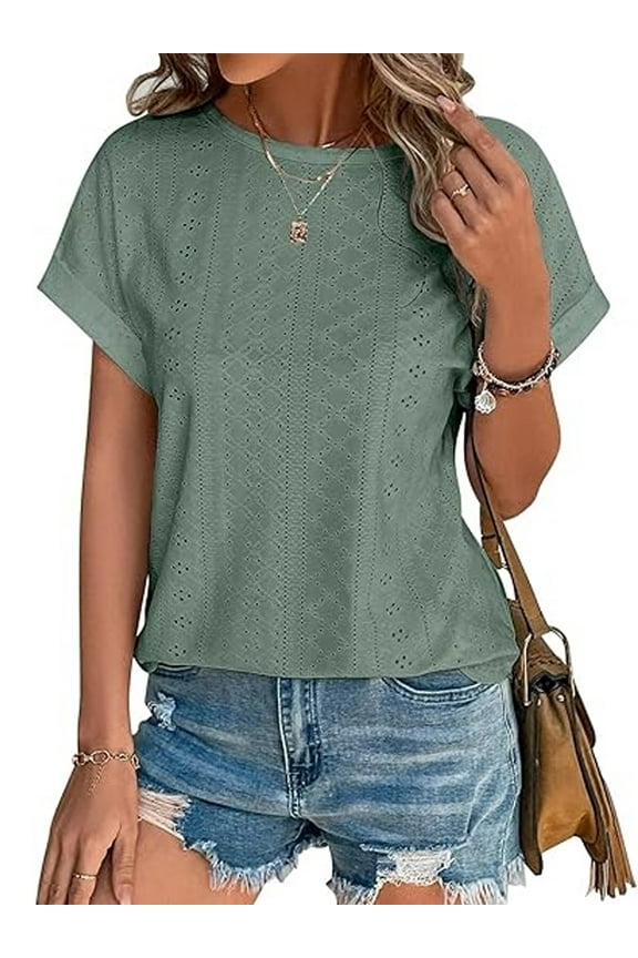Eyelet Blouses for Women Dressy Casual Short Sleeve Shirts Crew Neck Summer Trendy Tops Womens Clothes Spring Casual Tunic Tops T Shirts