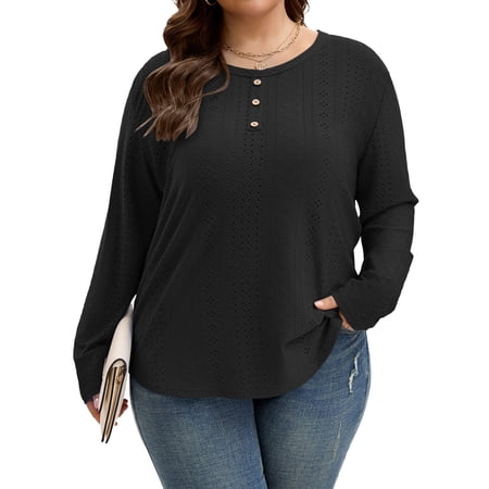 TEMOFON Eyelet Blouses for Women Plus Size Tops Button Design Crewneck Long Sleeve 2025 Fall Casual Shirt