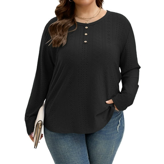 TEMOFON Eyelet Blouses for Women Plus Size Tops Button Design Crewneck Long Sleeve 2025 Fall Casual Shirt