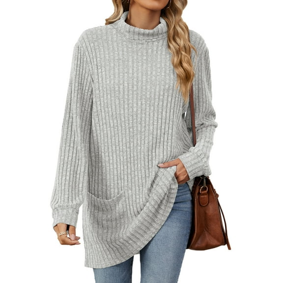 TEMOFON Fall Sweaters for Women Casual Comfy Thin Sweaters Long Sleeve Knit Tunic Tops Pullover Fashion Turtleneck Side Pocket Loose Shirts