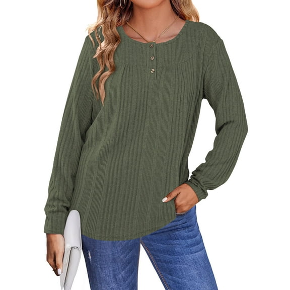 TEMOFON Fall Long Sleeve Tops for Women Loose Casual Button Crew Neck Henley Shirts Lightweight Sweaters Soft Womens Tops S