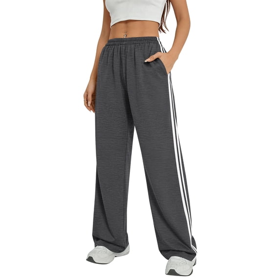 TEMOFON Womens Pants Casual Summer Sweatpants Elastic Waistband with Pockets Comfy Wide Leg Pants for Jogging Dark Grey XL