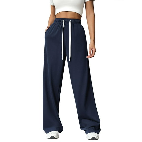 TEMOFON Fall Pants for Women Elastic Waistband Casual Sweatpants for Women with Pockets Thermal Pants Women Autumn Winter Pants for Women Dark Blue M