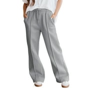 TEMOFON Fall Pants for Women Wide Leg Pants Fall Pants with Pockets Elastic Waistband Comfy Pants Women Winter Lounge Fleece - Lined Pants Light Grey M