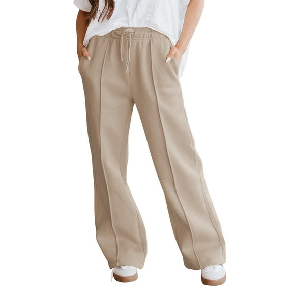 TEMOFON Fall Pants for Women Elastic Waistband Casual Pants for Women with Pockets Thermal Pants Women Autumn Winter Pants for Women Khaki M