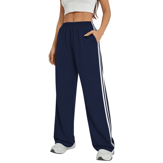 TEMOFON Summer Pants for Women Elastic Waistband Casual Sweatpants for Joggers with Pockets Wide Leg Blue Clothing M