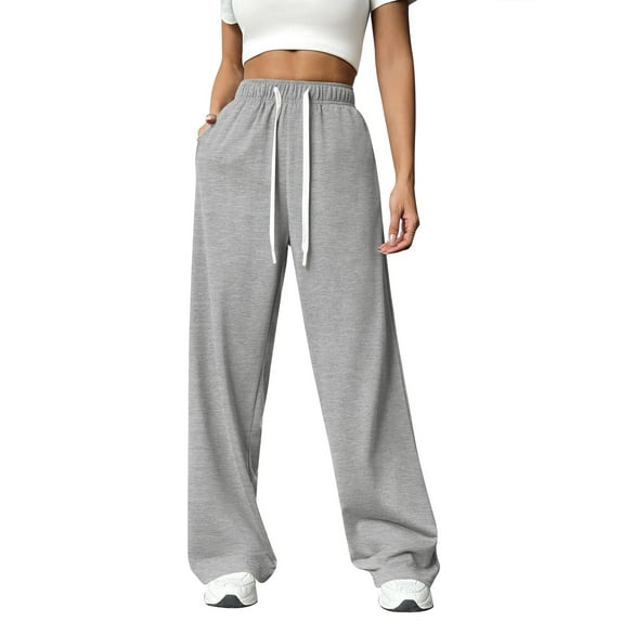 TEMOFON Sweatpants for Women Wide Leg Pants Fall Sweatpants with Pockets Elastic Waistband Comfy Pants Women Winter Lounge Pants Light Grey XXL