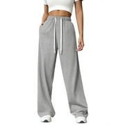 TEMOFON Sweatpants for Women Wide Leg Pants Fall Sweatpants with Pockets Elastic Waistband Comfy Pants Women Winter Lounge Pants Light Grey L