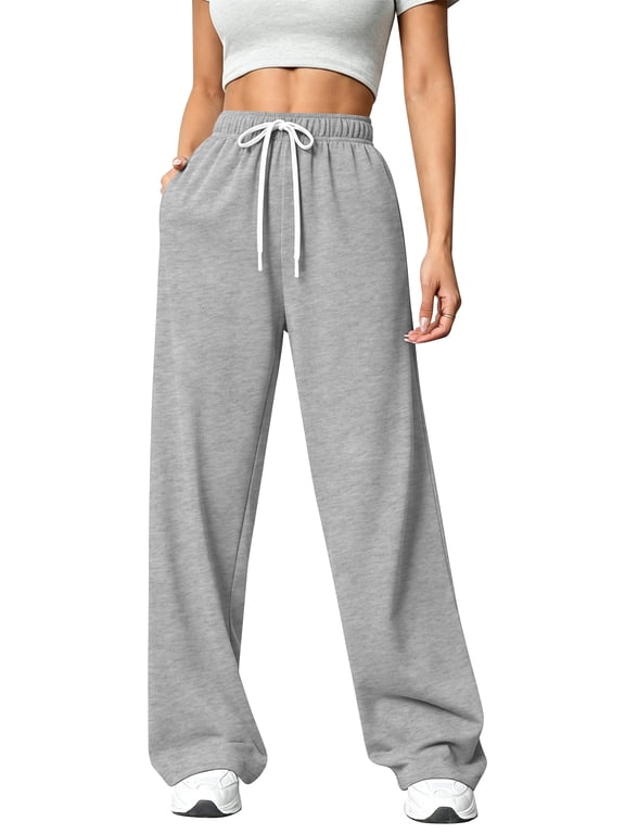 Sweatpants for Women Wide Leg Pants Fall Sweatpants with Pockets Elastic Waistband Comfy Pants Women Winter Lounge Pants Light Grey L