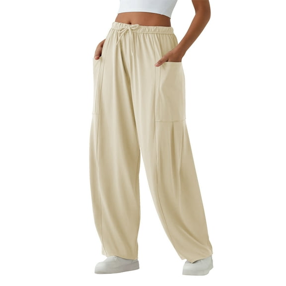 TEMOFON Fall Pants for Women with Pockets Elastic Waistband Harem Pants Women Baggy Light Weight Autumn Pants Women Casual Winter Pants Beige M