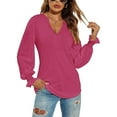 thumbnail image 1 of TEMOFON Fall Tops for Women V-neck Blouse Lightweight Pullover Sweatshirts Dressy Flowy Long Sleeve Shirts for Women Puff Long Sleeve Tops Casual T-Shirts Tunics Solid Color Winered Size S, 1 of 6