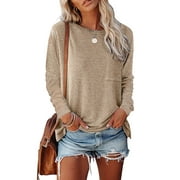TEMOFON Fall Tops for Womens Long Sleeve T Shirts Casual Comfy Tops Trendy T-Shirts with Pocket Side Slits Crew Neck Women Pullover Sweatshirts Solid Color Khaki Size XL