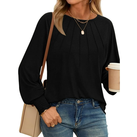 TEMOFON Fall Tops for Women Casual Long Sleeve Pleated Blouses Dressy Crew Neck Tunic T Shirts Winter Clothes