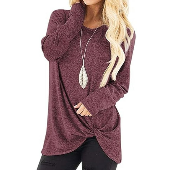 TEMOFON Fall Tops for Women Fashion Loose Casual Tops Long Sleeve Round Neck Front Knot Tunic Shirts Wine Red Tee Blouses Clothing Size S
