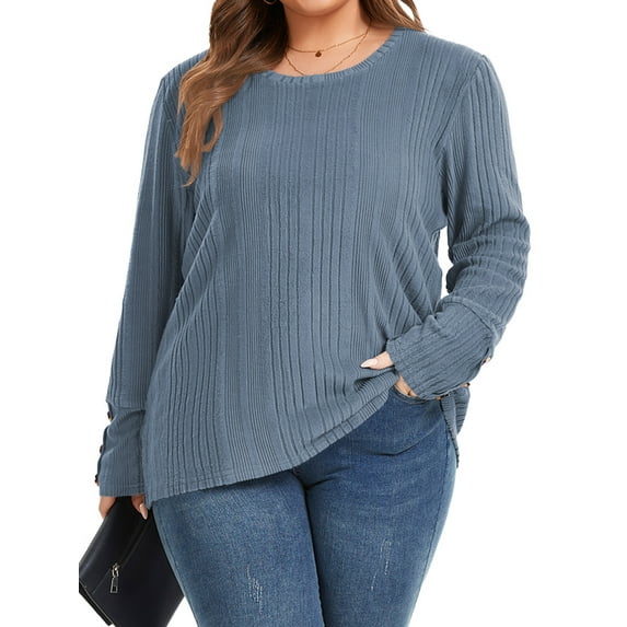 TEMOFON Plus Size Tops for Womens Long Sleeve Lightweight Sweaters Crew Neck Fall Tunic Tops Casual Loose Button Shirts 2XL