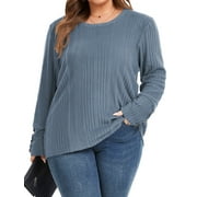 TEMOFON Plus Size Tops for Womens Long Sleeve Lightweight Sweaters Crew Neck Fall Tunic Tops Casual Loose Button Shirts 3XL