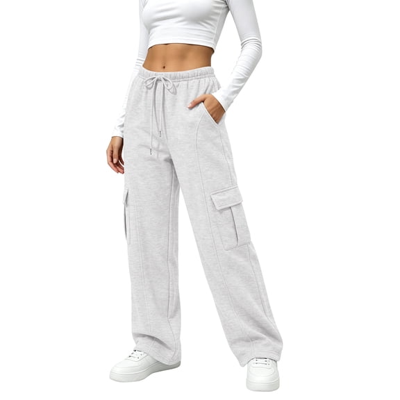 TEMOFON Fleece Lined Cargo Sweatpants for Women High Waist Drawstring Wide Leg Straight Leg Thermal Joggers Loose Warm Athletic Lounge Pants with Side Cargo Pockets