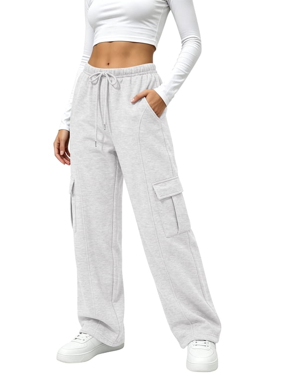 Fleece Lined Cargo Sweatpants for Women High Waist Drawstring Wide Leg Straight Leg Thermal Joggers Loose Warm Athletic Lounge Pants with Side Cargo Pockets
