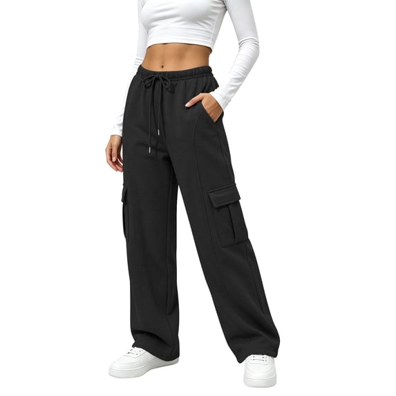 TEMOFON Fleece Lined Cargo Sweatpants for Women High Waist Drawstring Wide Leg Straight Leg Thermal Joggers Loose Warm Athletic Lounge Pants with Side Cargo Pockets