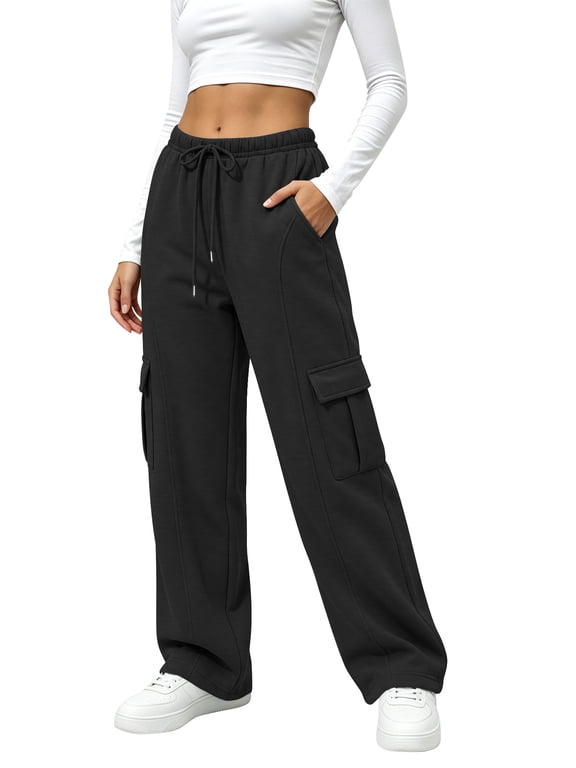 Fleece Lined Cargo Sweatpants for Women High Waist Drawstring Wide Leg Straight Leg Thermal Joggers Loose Warm Athletic Lounge Pants with Side Cargo Pockets