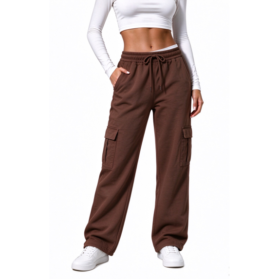 TEMOFON Fleece Lined Cargo Sweatpants for Women High Waist Drawstring Wide Leg Straight Leg Thermal Joggers Loose Warm Athletic Lounge Pants with Side Cargo Pockets