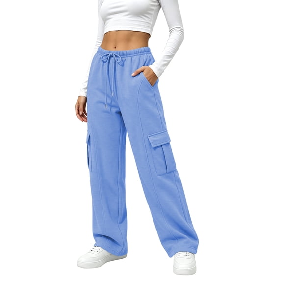 TEMOFON Fleece Lined Cargo Sweatpants for Women High Waist Drawstring Wide Leg Straight Leg Thermal Joggers Loose Warm Athletic Lounge Pants with Side Cargo Pockets