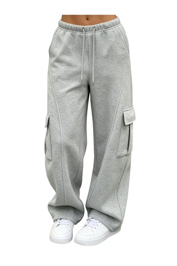 Fleece Lined Cargo Sweatpants for Women High Waist Drawstring Wide Leg Straight Leg Thermal Joggers Loose Warm Athletic Lounge Pants with Side Cargo Pockets