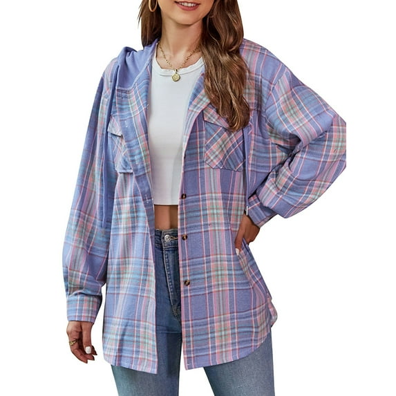 TEMOFON Hoodies for Women Plaid Shirts Button Down Shacket Jacket Flannel Shirts for Women Blouses Coats Long Sleeve Fall Tops with Pocket Loose Casual Lightweight Size M