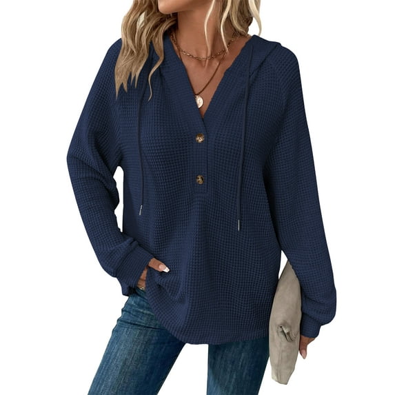 TEMOFON Hoodies for Women Long Sleeve Waffle Pullover Sweatshirts Casual V Neck Comfy Hoody Fall Ladies Trendy Blue Button Tops XXL
