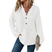 TEMOFON Hoodies for Women Long Sleeve Waffle Pullover Sweatshirts Casual V Neck Comfy Hoody Fall Ladies Trendy White Button Tops L