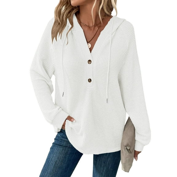 TEMOFON Hoodies for Women Long Sleeve Waffle Pullover Sweatshirts Casual V Neck Comfy Hoody Fall Ladies Trendy White Button Tops L