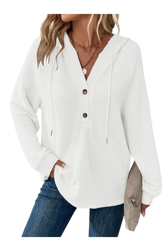 Hoodies for Women Long Sleeve Waffle Pullover Sweatshirts Casual V Neck Comfy Hoody Fall Ladies Trendy White Button Tops L