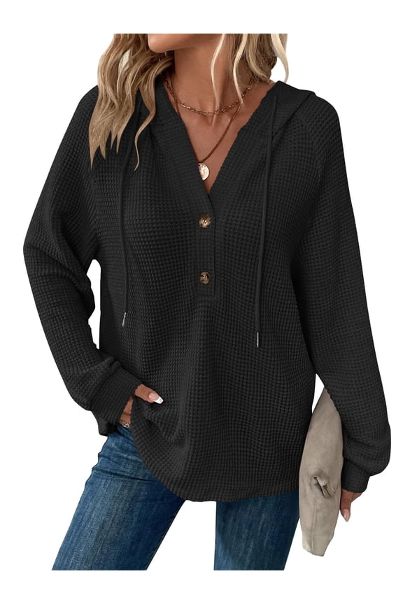 Hoodies for Women Long Sleeve Waffle Pullover Sweatshirts Drawstring Button V Neck Black Sweatshirt Casual Fall Knit Tops L