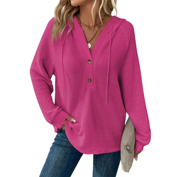 TEMOFON Hoodies for Women Long Sleeve Waffle Pullover Sweatshirts Fall Loose Fit V Neck Sweatshirt Comfort Knit Pink Fashion Tops L
