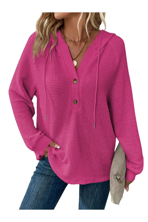 Hoodies for Women Long Sleeve Waffle Pullover Sweatshirts Fall Loose Fit V Neck Sweatshirt Comfort Knit Pink Fashion Tops L