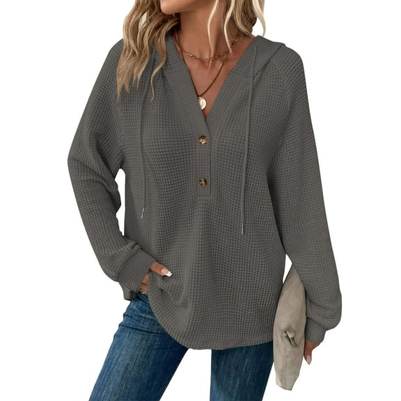 TEMOFON Hoodies for Women Long Sleeve Waffle Pullover Sweatshirts V Neck Drawstring Button Hoody Fall Casual Loose Gray Knit Tops XXL